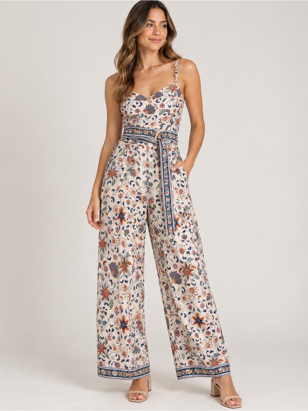 FARM Rio Cream Floral Print Spaghetti-Strap Jumpsuit with Waist Tie